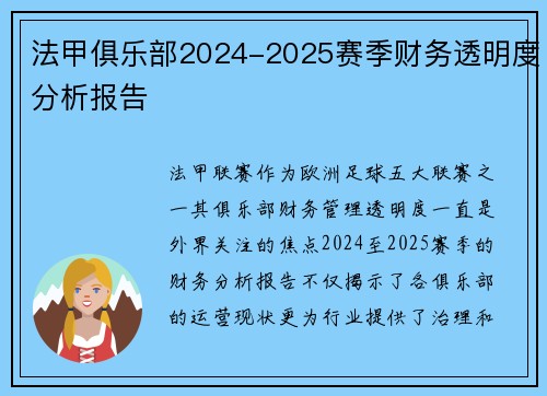 法甲俱乐部2024-2025赛季财务透明度分析报告